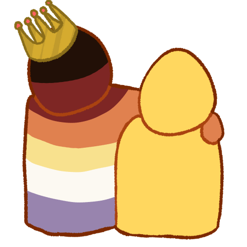 a drawing of two people, with the one on the left having their arm around the other's shoulder. the person on the right is emoji yellow, and the person on the left has the NPD flag coloured on them and is wearing a crown.